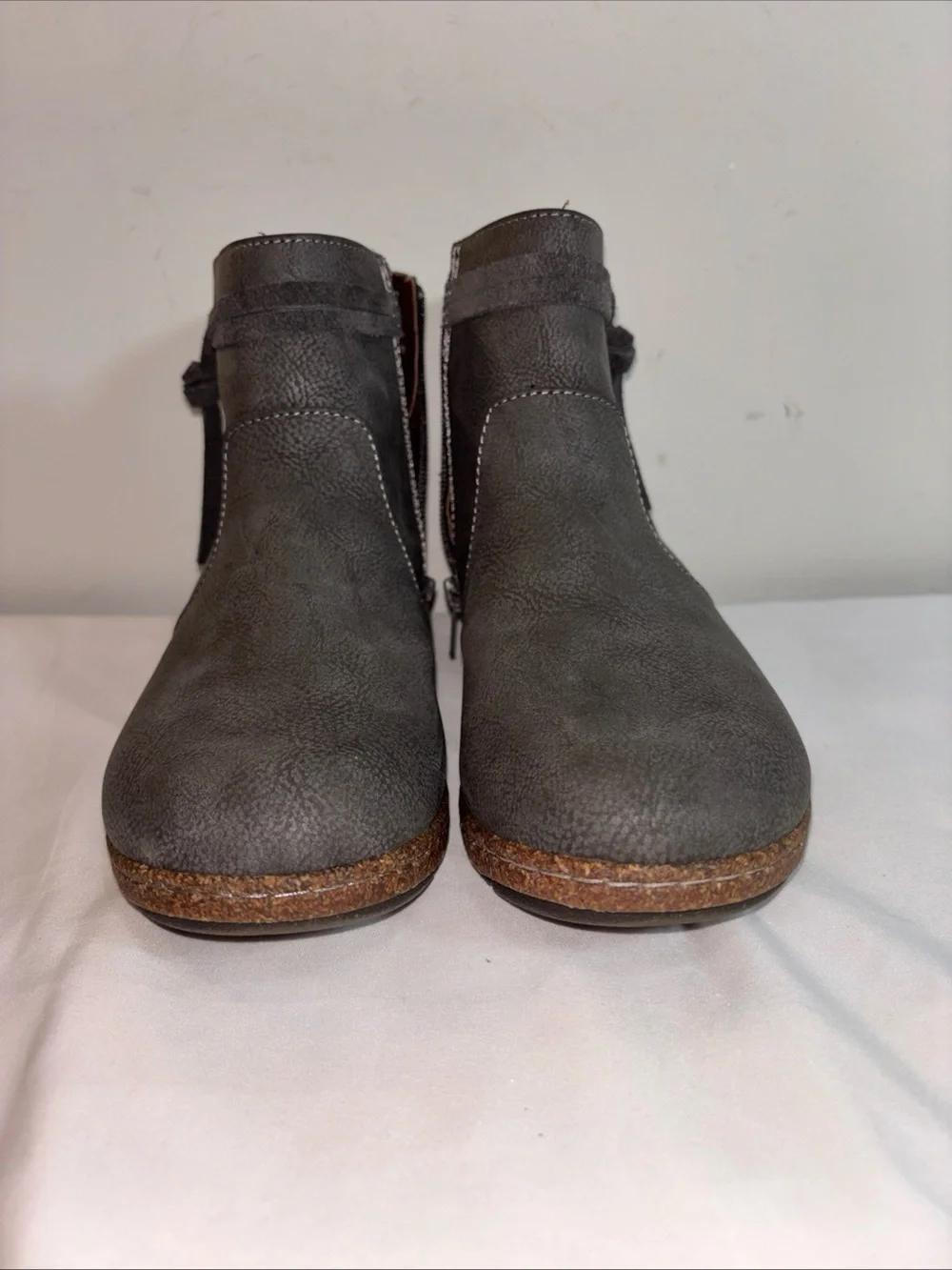 B.O.C Gray Ankle Boots with Cork Trim. 7/8